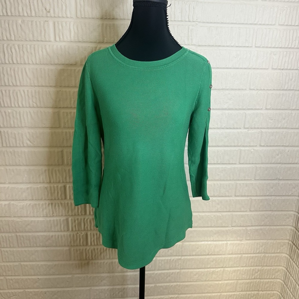 Talbots Sweater Womens Sz XS Kelly Green Button Sleeve Tunic 3/4 Sleeve Top